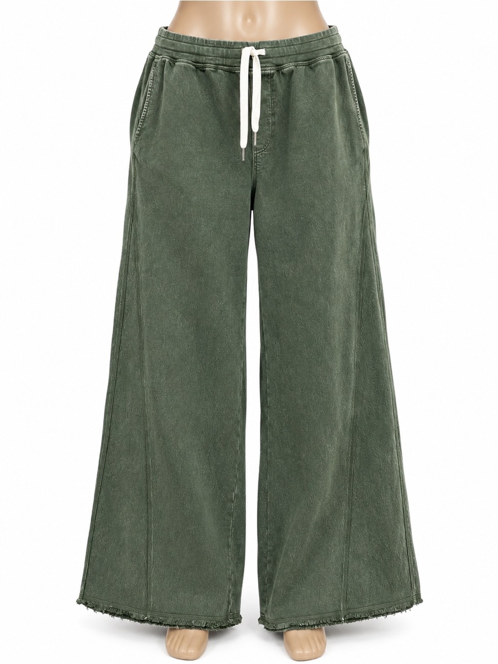 Aerie Olive Green Wide Leg Sweatpants XL Drawstring Raw Hem Lounge Pants